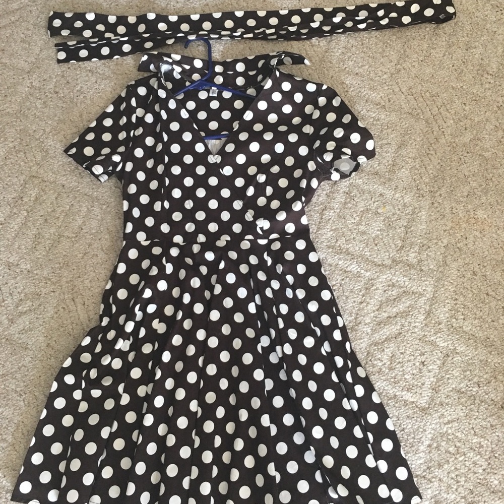 Brown and white polka dot dress.